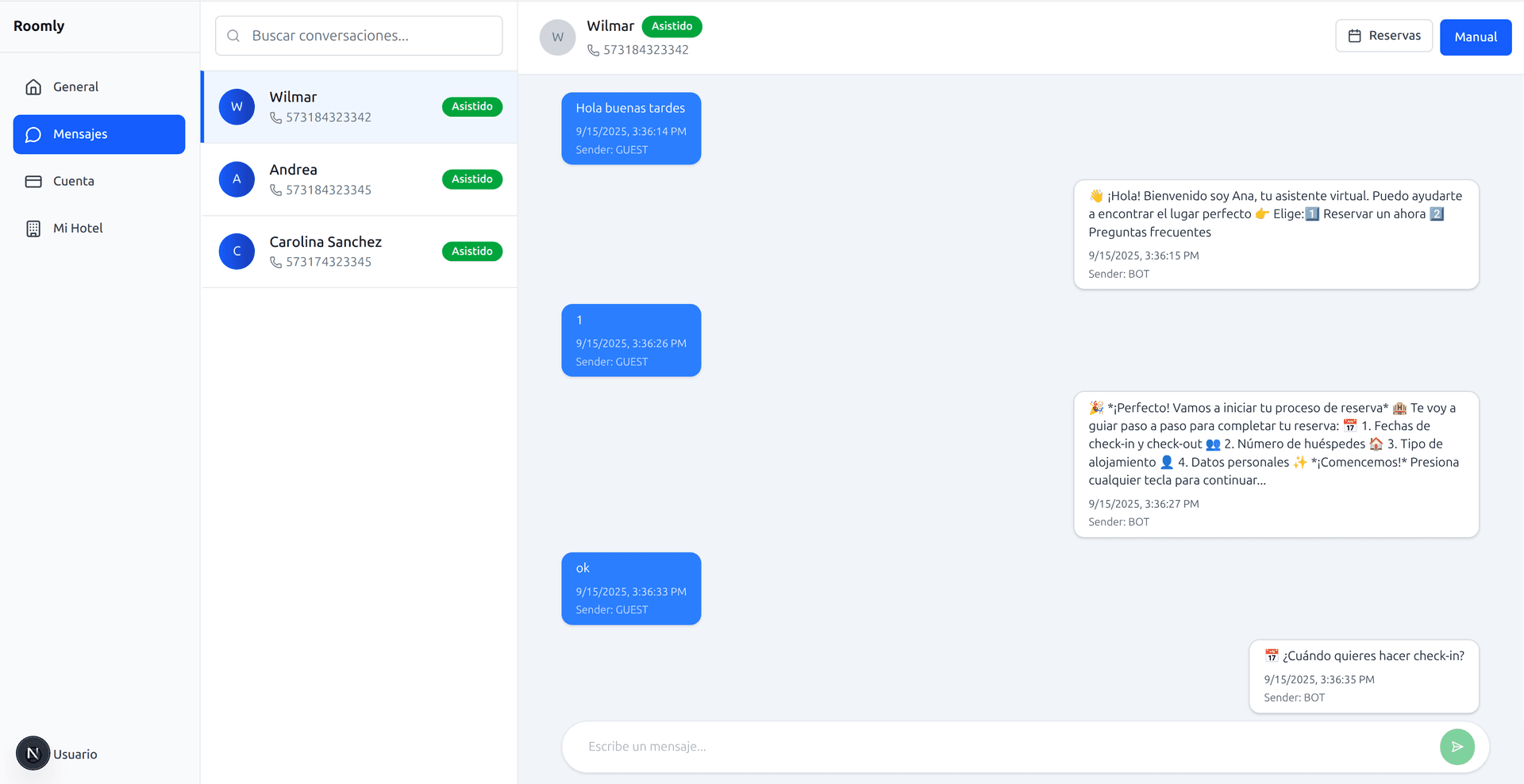 Dashboard de Roomly mostrando conversaciones en tiempo real